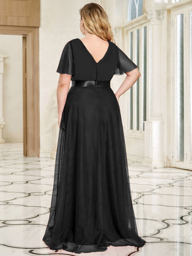 Fashionable Plus Size High-Waisted Simple Elegant V-Neck Net Dress Gown Popular in Europe and America Maid of Honor Dress