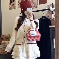 拼色爱心纽扣长袖毛衣女2025春秋新款韩系宽松设计感小众短款开衫