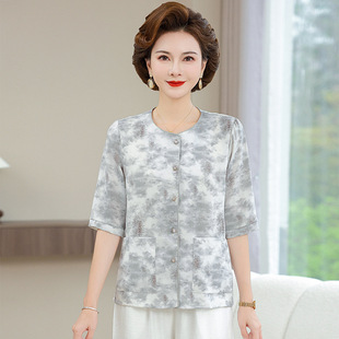 New Mother's Summer Chiffon Shirt Stylish Round Neck Short Chinese Shirt Middle-aged Women's Sleeve Cardigan Top