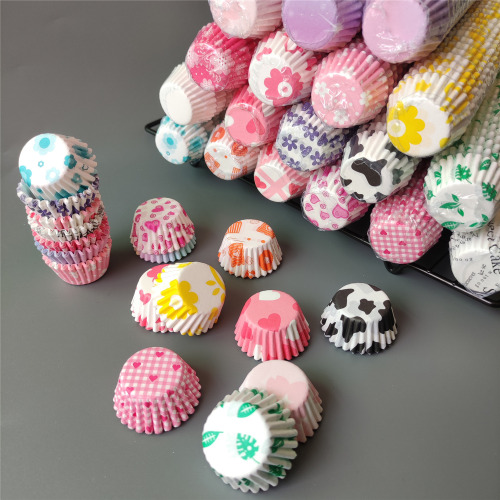48-in-1 96-in-1 Mini One-Fork Lucky Paper Cups High-Temperature Resistant Paper Bases Oil-Proof Printed Cake Films Cake Baking Paper Bases
