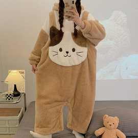 2025新款卡通毛绒猫咪睡衣女冬季可爱保暖学生外穿加厚珊瑚绒睡袋