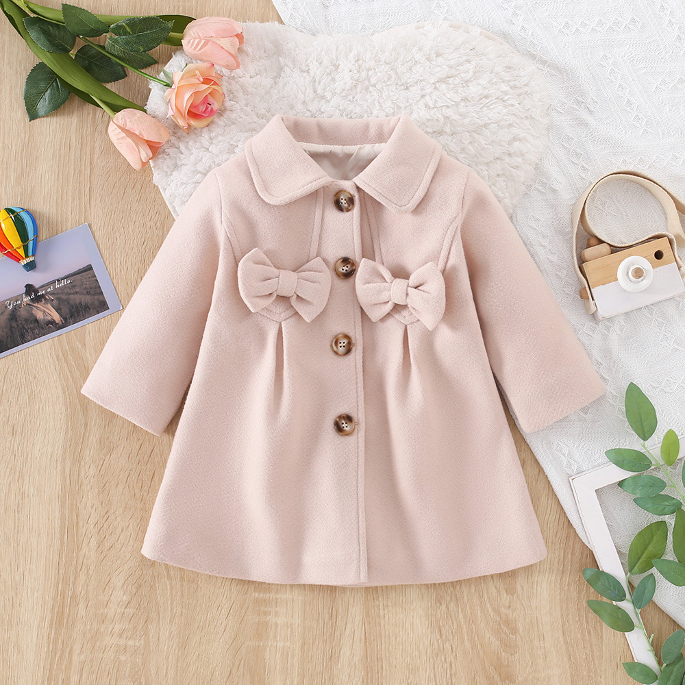Autumn and Winter New Children's Clothing Girls' Coat Fashion Bow Solid Color Lapel Single-Breasted Coat Jacket