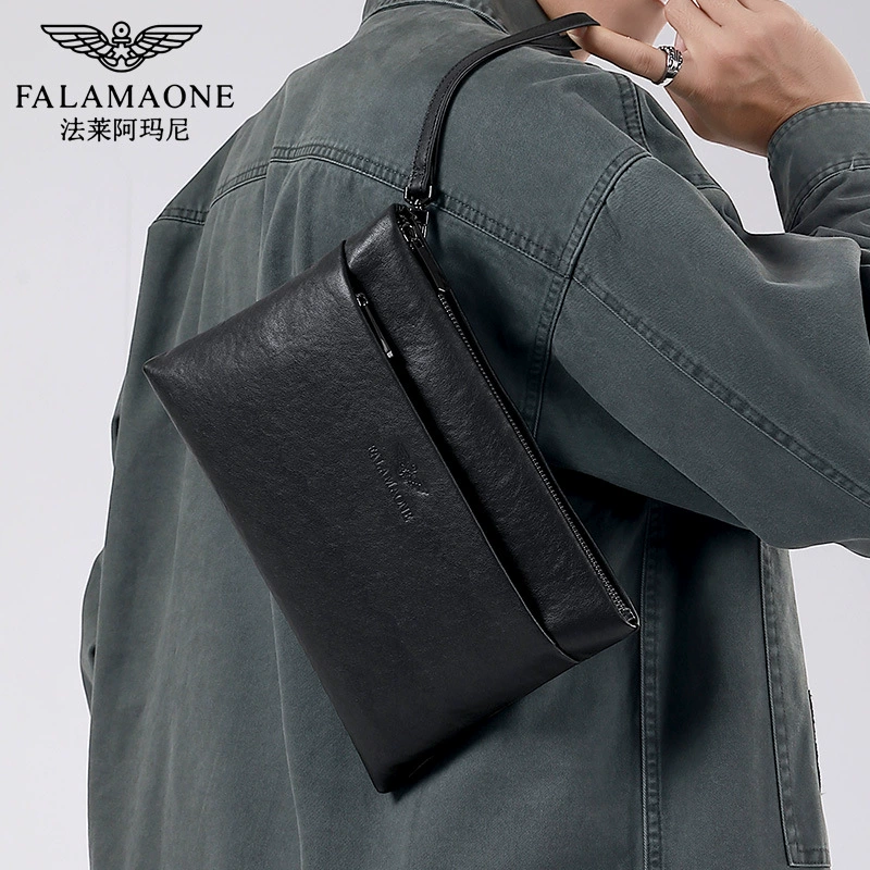 法莱阿玛尼 Men's black one-shoulder bag for leisure, leather backpack, genuine leather