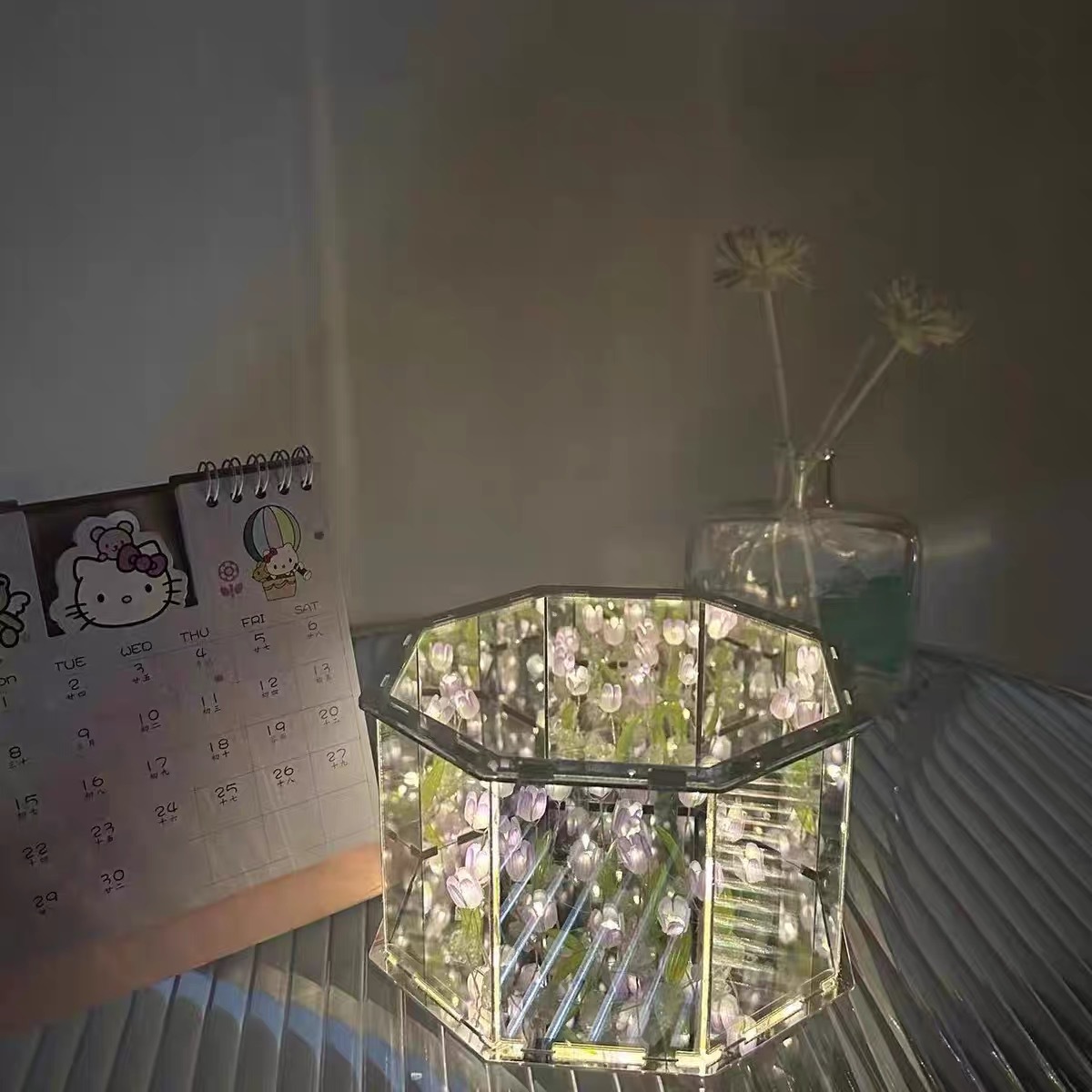 Diy hecha a mano caja de música tulipanas lámpara de noche mariposa rosa mar material paquete para regalo de día de San Valentín