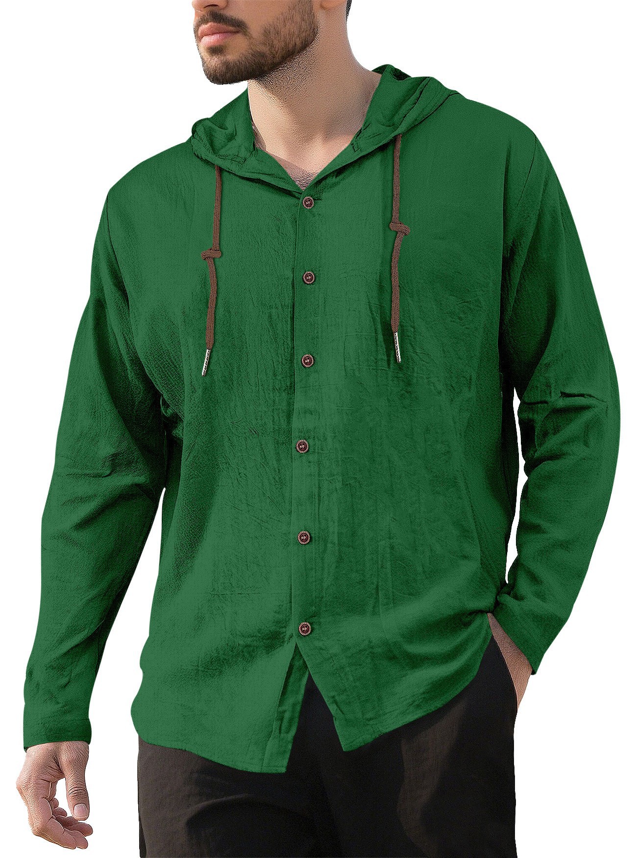 Transfronterizos de hombres Amazon encapuchado Camiseta de algodón camiseta de color sólido suelta de manga larga Cardigan casual chaqueta de playa