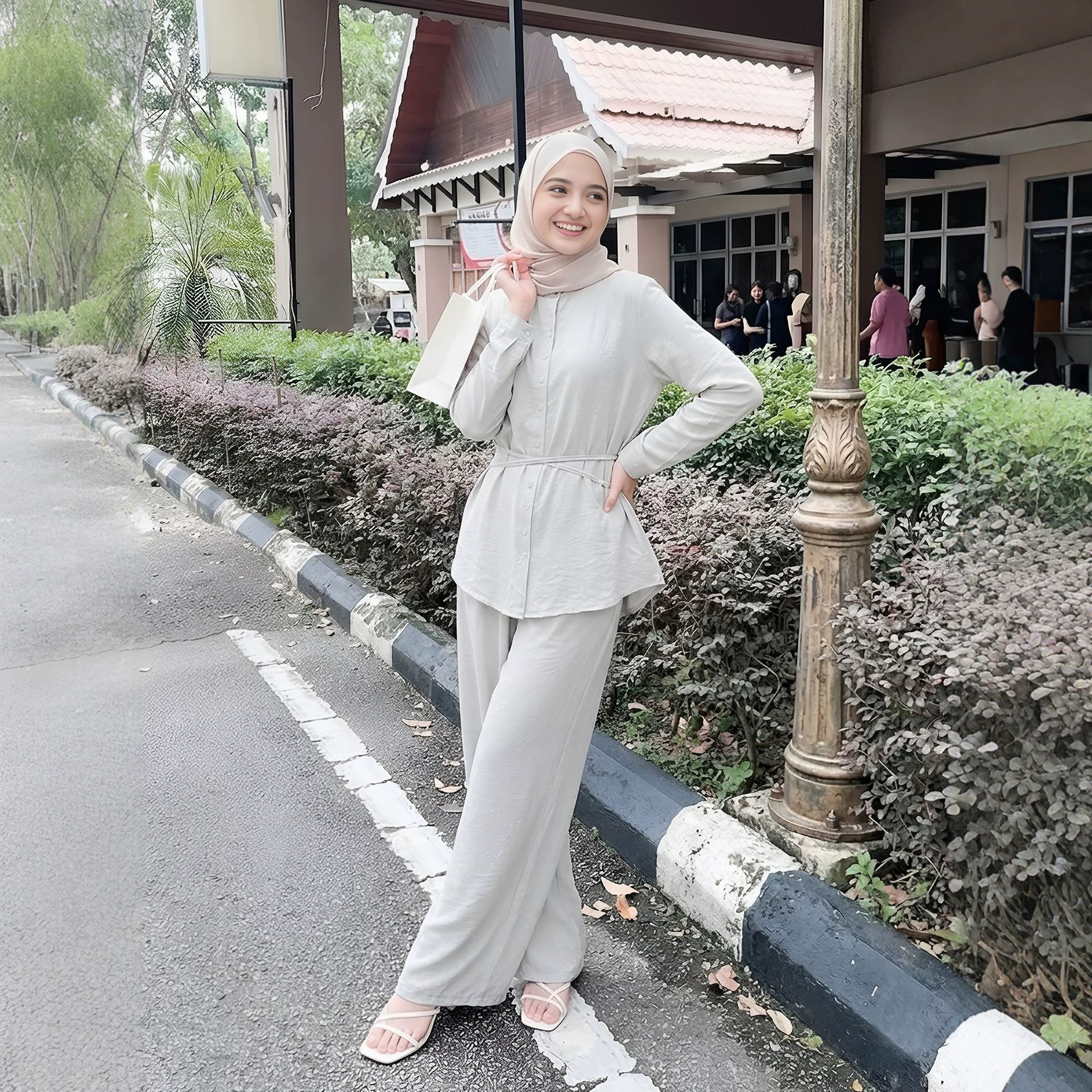Malaysian Indonesian Women's Slimming Top And Wide Leg Pants Set Stand Collar Tie Waist Fashionable_ecoleips.com