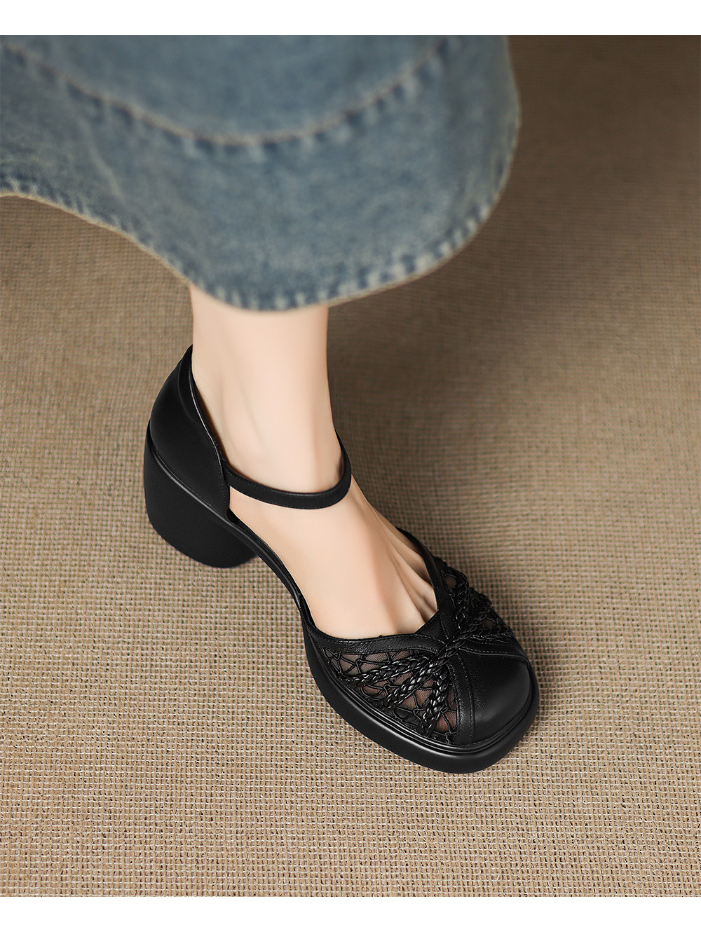Giày cao gót nữ đế xuồng gót 8 cm, mũi kín, quai ngang khóa — đen chi tiết 10