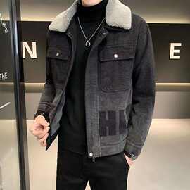 渐变色秋冬季牛仔外套男士新款羊羔绒加绒加厚棉衣翻领夹克上衣潮