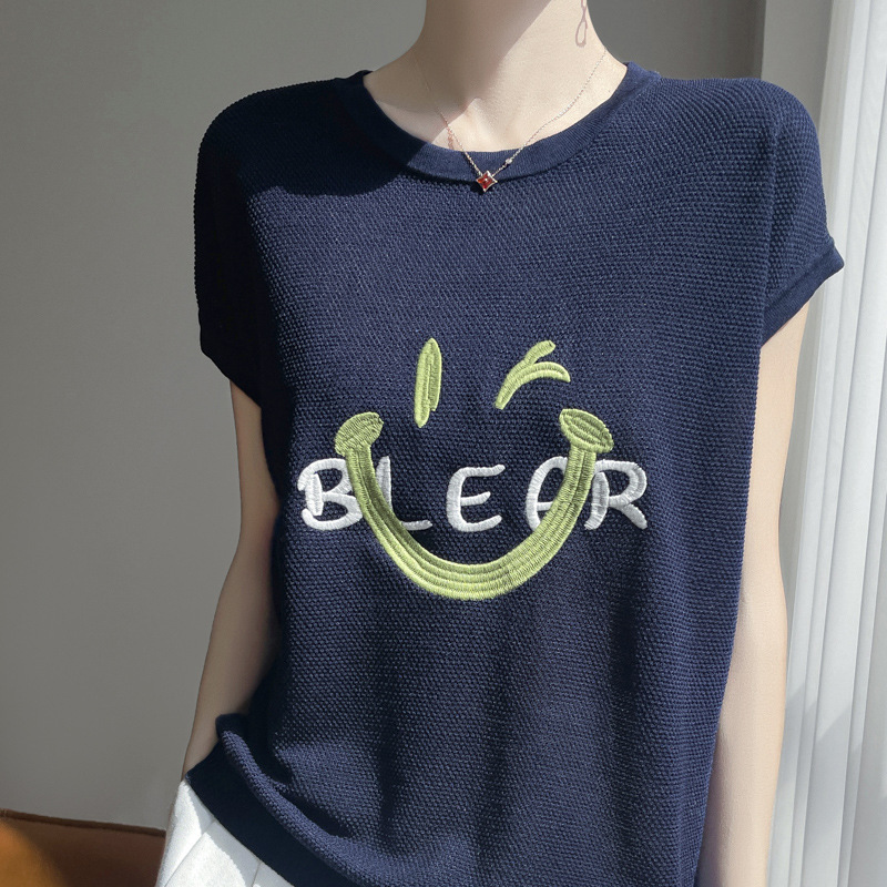 25 Years Spring and Summer New Silk Tencel Cotton Round Neck Knitwear Short-Sleeved T-Shirt Women's Embroidered Smiley Face Bottoming Shirt Top