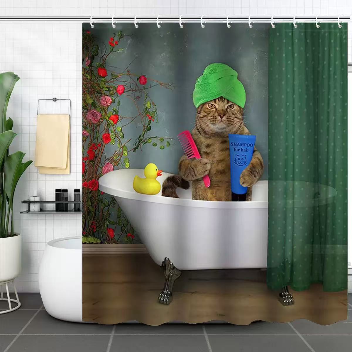 Divertida cortina de baño valiente gato sostiene tridente flecha montar tiburones en las olas ballenas gatos cortina de baño conjunto baño