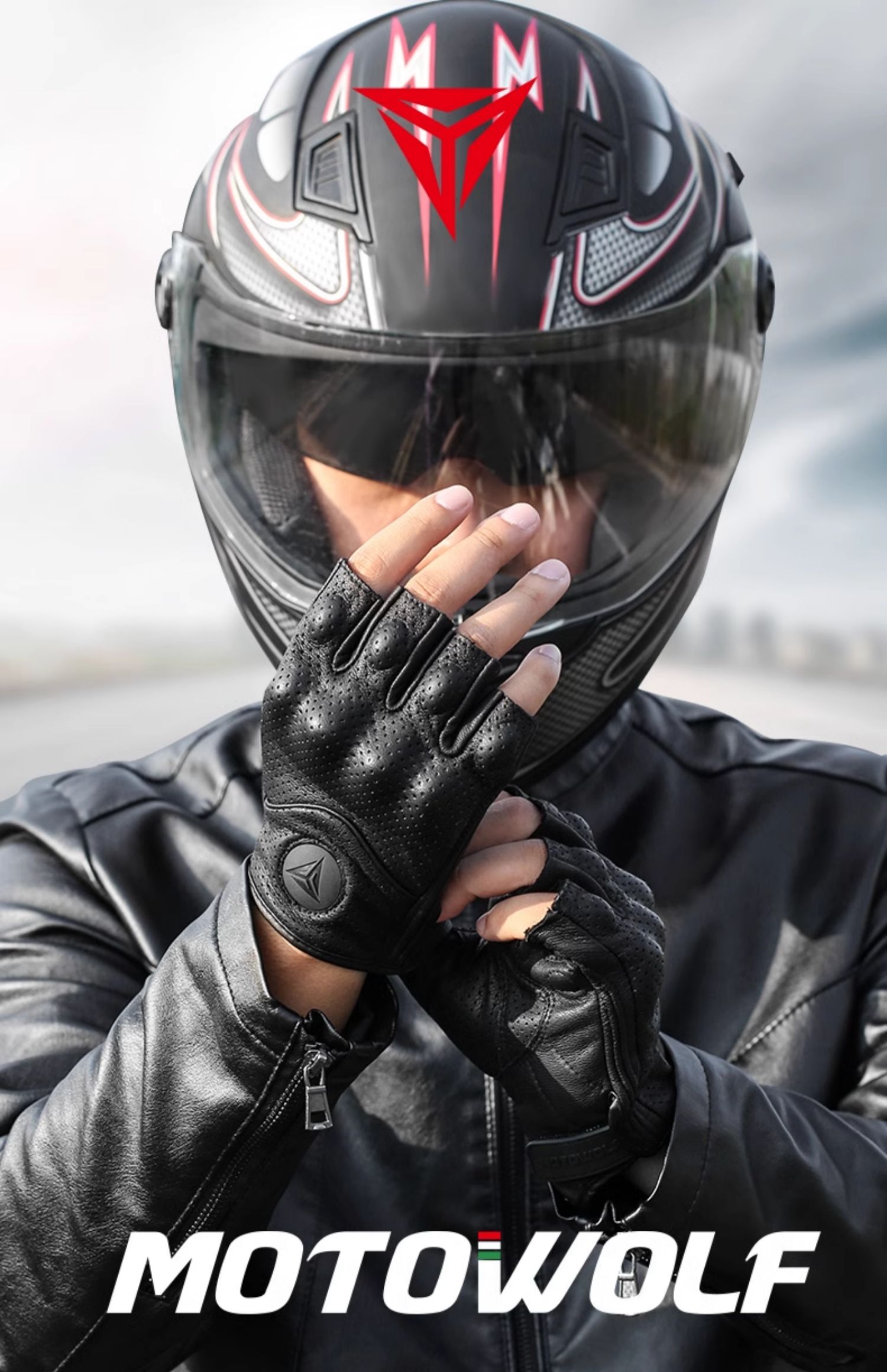 Modo Wolf Four-Season Motorcycle Leather Gloves, Breathable Full-Finger and Half-Finger Retro Motorcycle Riding Anti-Fall Rider Gear