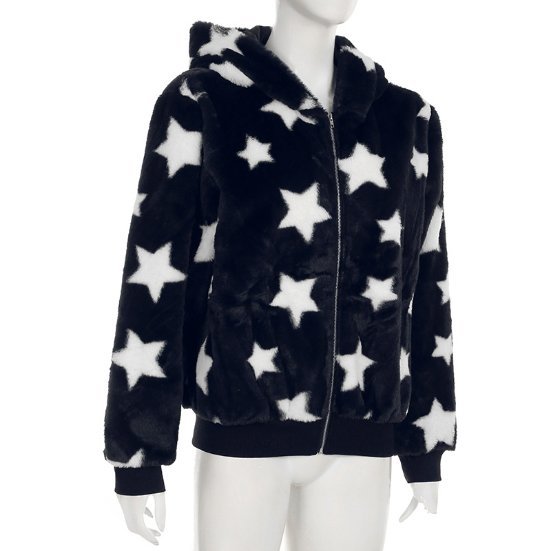 Five Pointed Star Hooded Loose Plush Warm Coat Millennium Sexy Street Contrast Color Niche Zipper Sweatshirt