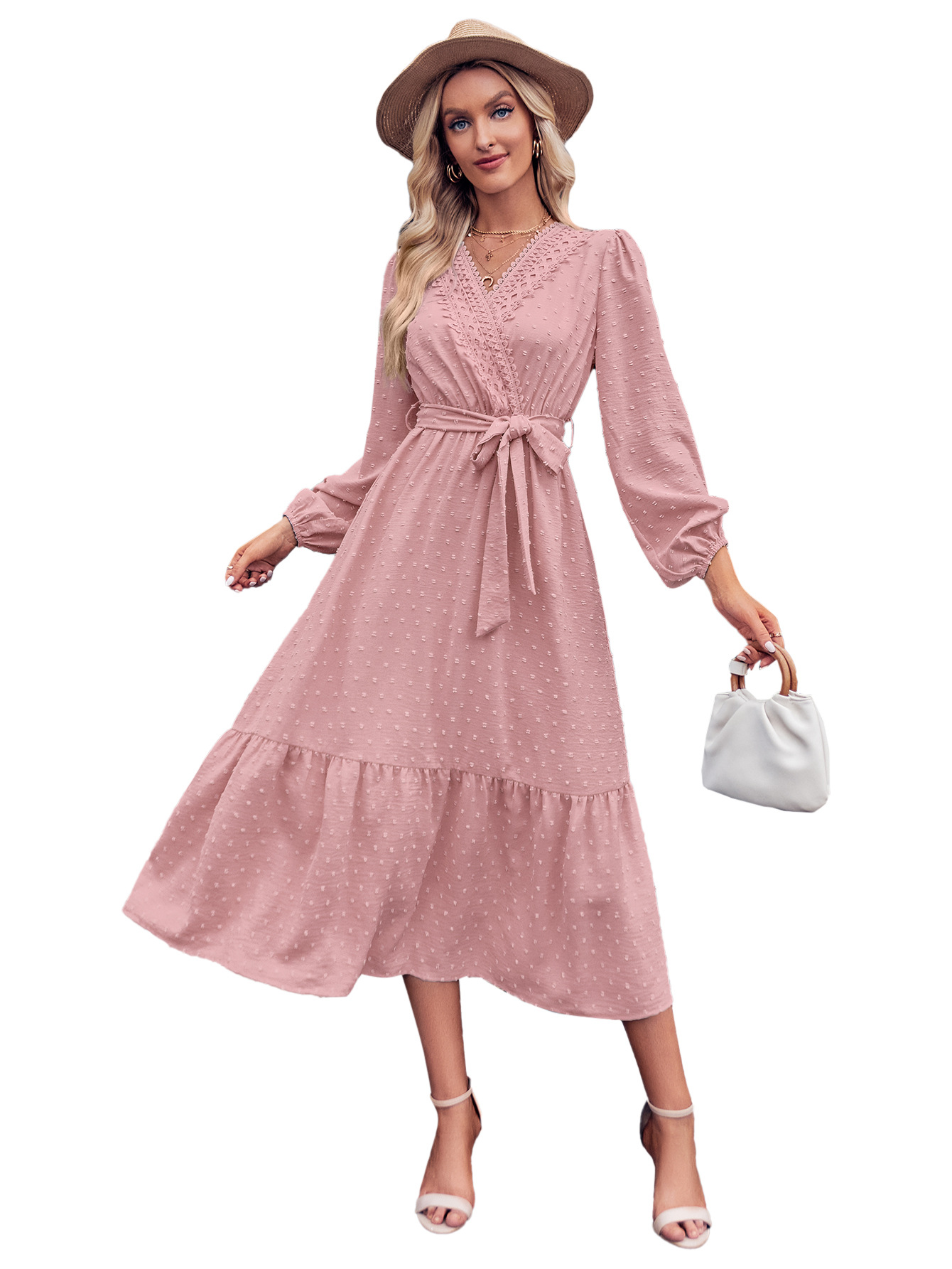 Solid Color Lace High Waist V-neck Dress