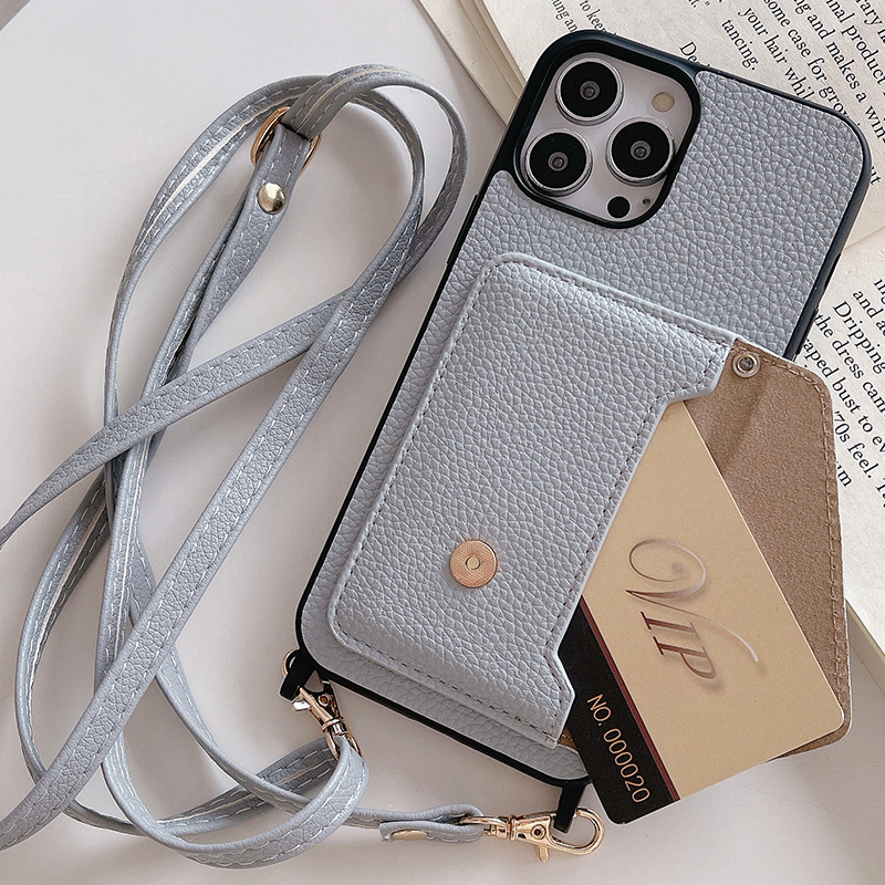 For iPhone16ProMax card mobile phone case back cover Apple 11/12/13 slung shoulder strap protective leather case