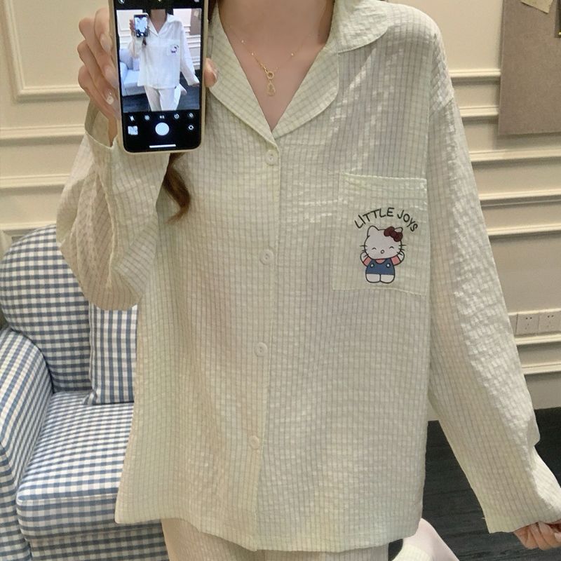Transmisión en vivo transfronteriza primavera y otoño de manga larga tejida de algodón jacquard pijama de mujer KT gatos bonitos cardigans set