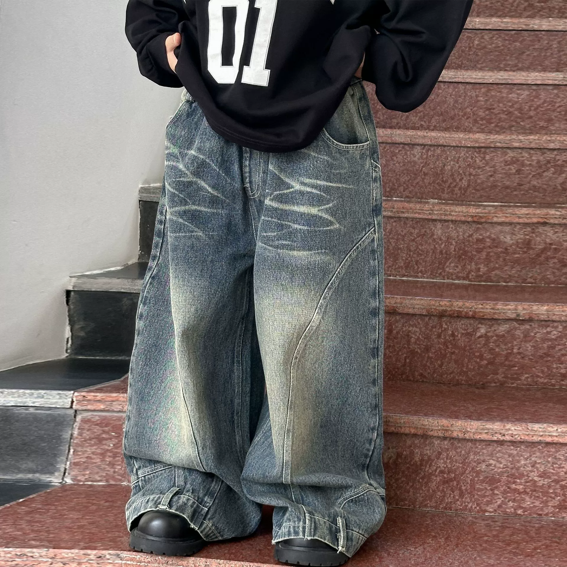 Джинсы для мальчиков, осенние длинные брюки в американском стиле High Street, новинка 2025 года, модные брендовые детские расклешенные свободные брюки