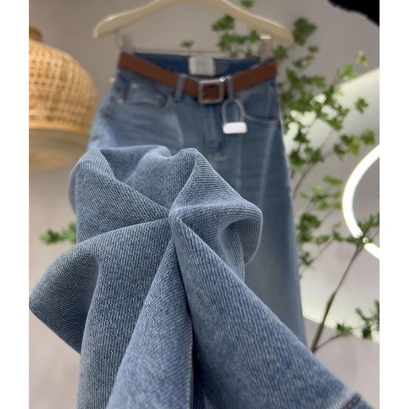 2024 Spring and Autumn New retro blue jeans women's high waist Western style versatile slimming straight wide leg pants