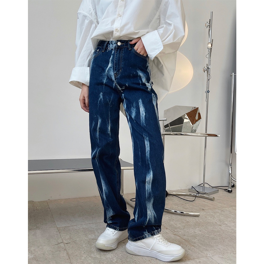 Spring new European and American trendy street wind-dyed deep blue high waist straight jeans loose thin trousers women
