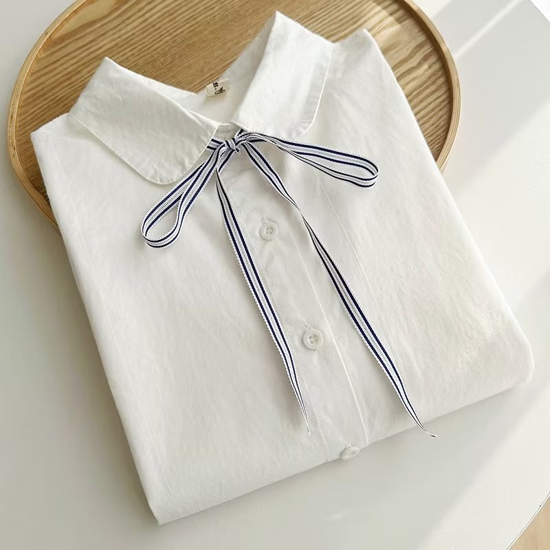 Spring style round neck lace-up cotton white long sleeve shirt Women's fresh loose slimming top