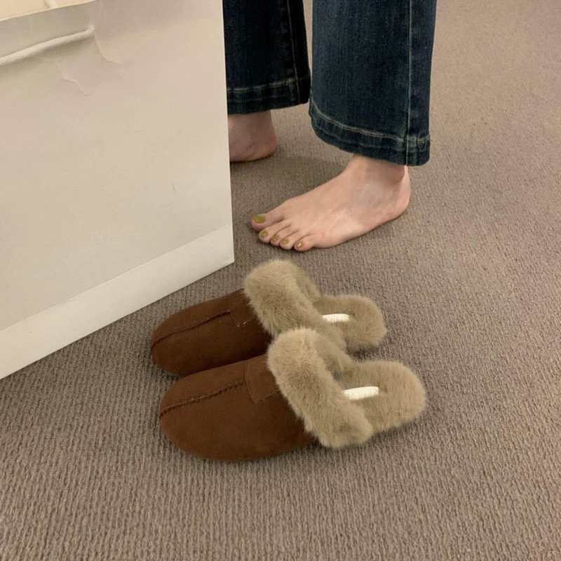 Ретро Мори матовая кожа с плоским дном, с половиной тапочками, женские снаружи носят 2024 новые хлопковые туфли осенью и зимой плюс бархатные ботинки