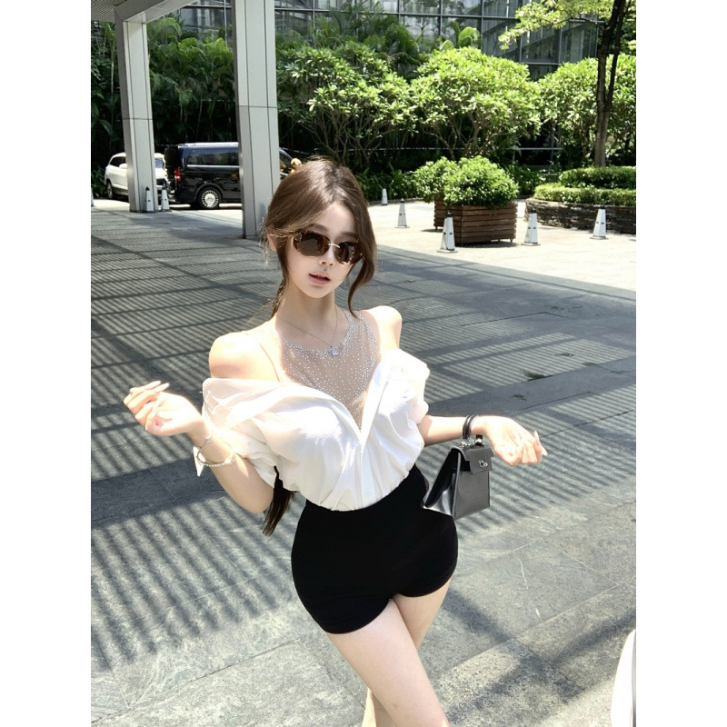 昕可达【高智姐感】假两件拼接不规则网纱闪钻露肩捏褶衬衫上衣