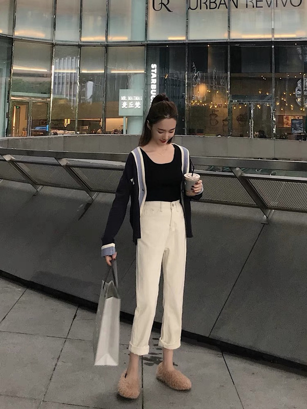 Creamy-white casual pants women's new loose straight ankle-tied pants cotton comfortable all-match harem pants