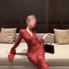 复古黑色蕾丝连衣裙女秋季长袖收腰修身裙子法式御姐气质包臀长裙