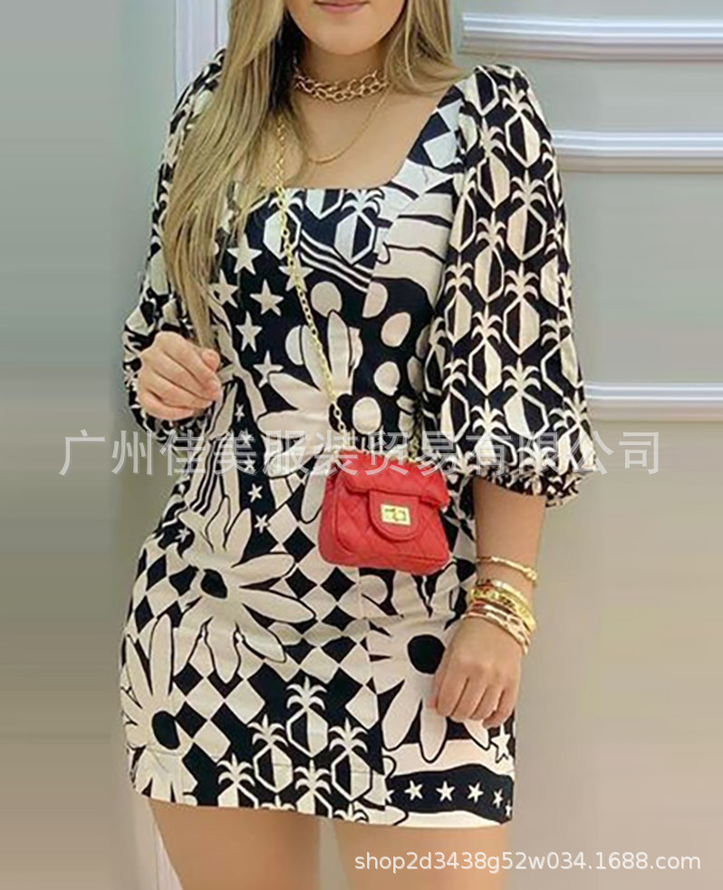 2025 European and American New Export Cross-Border E-Commerce Amazon Aliexpress Wish Printed Square Collar Women's Dress