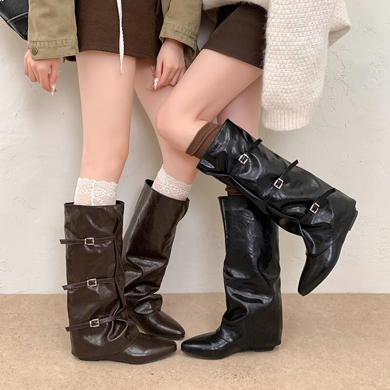 Fashionable women's motorcycle boots, slimming, with internal height increase, with belt buckle, 2026 pointed toe long boots for autumn Fashionable women's motorcycle boots, slimming, with internal height increase, with belt buckle, 2026 pointed toe long boots for autumn