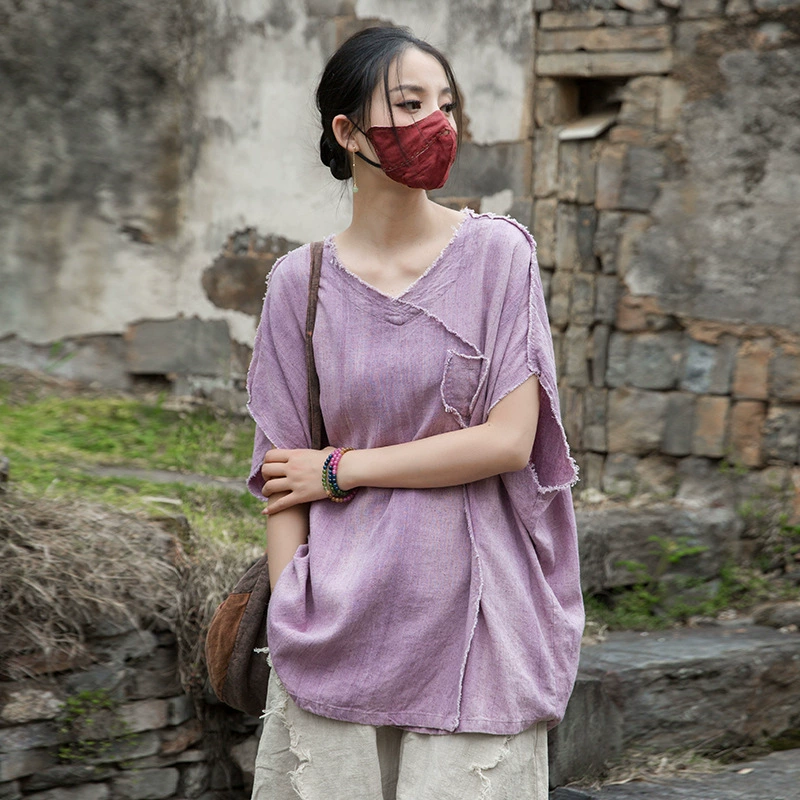 Женская футболка Zen из хлопка и льна, осенняя коллекция 2025, с эффектом тай-дай, с эффектом потертости и шлифовки, оригинальный асимметричный крой