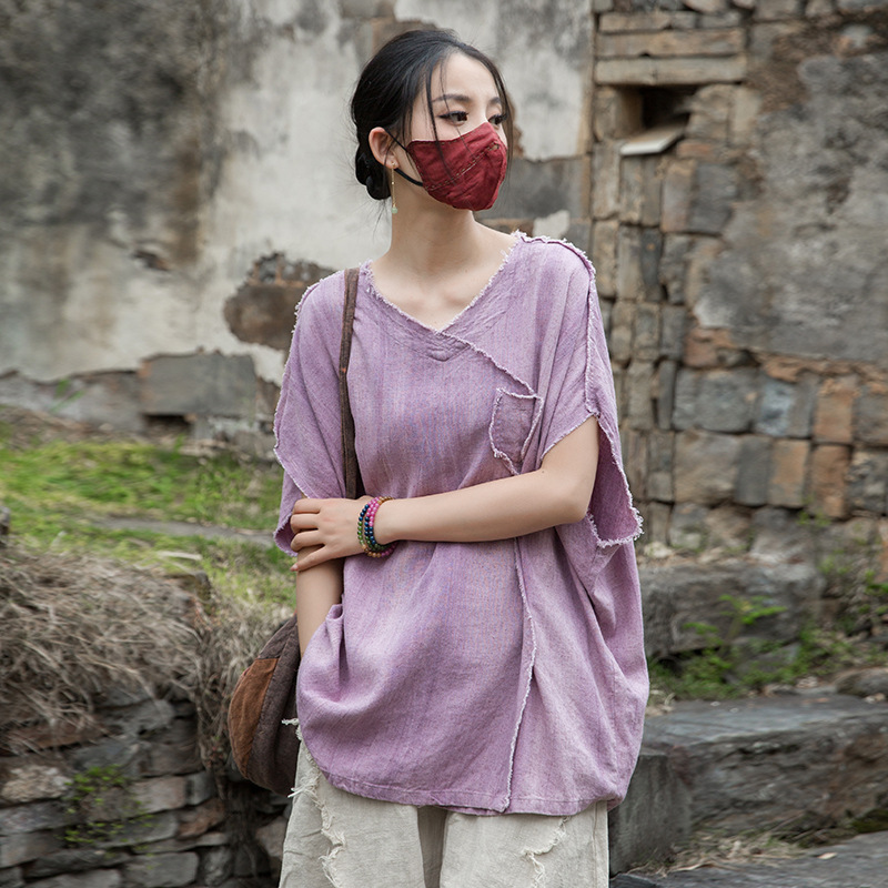 2026 Spring Cotton and Linen Women's Clothing, Linen Tie-Dye, Sand Washed, Distressed, Brushed Fabric, Original Irregular Top, Women's Zen-Inspired T-Shirt