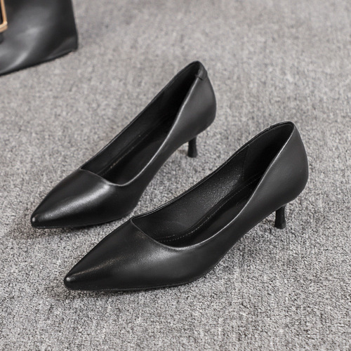 Stylish Women's High Heels  New Elegant Formal Pumps Pointed Toe Thin Heel Professional Work Shoes Black Leather Shoes