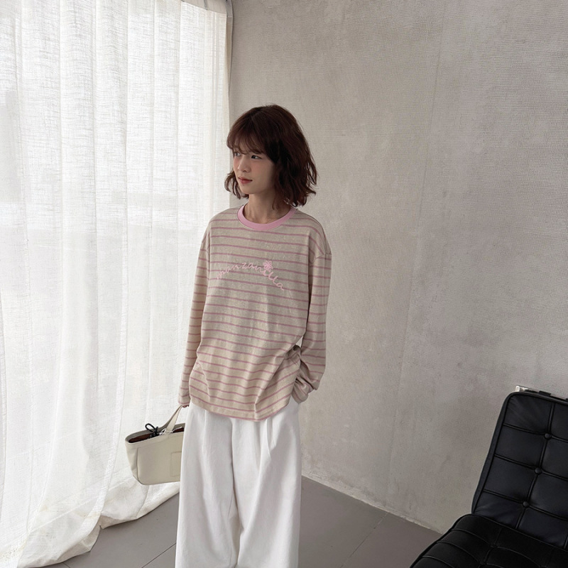 黎诺 女装秋季新款长袖条纹T恤女2025韩系宽松慵懒感圆领套头上衣|undefined