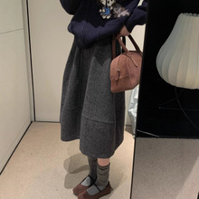 强烈推荐！复古毛呢A版半身裙女秋冬新款韩系极简压褶显瘦中长裙