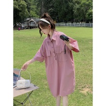 宽松POLO连衣裙女夏季2024新款大码休闲小个子衬衫式粉色工装裙子