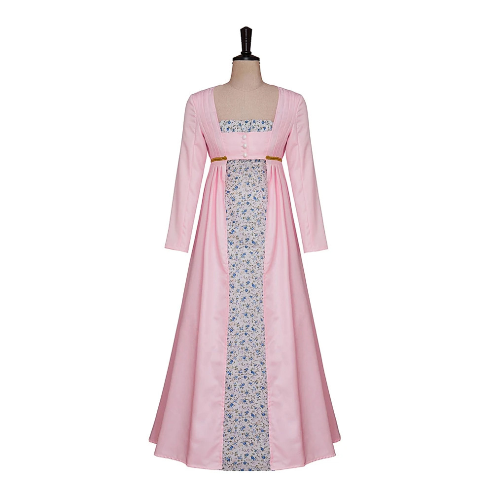 Halloween Victorian Dress Bridgerton Floral Pink Tea Ball Regency Dress Two-Piece Set