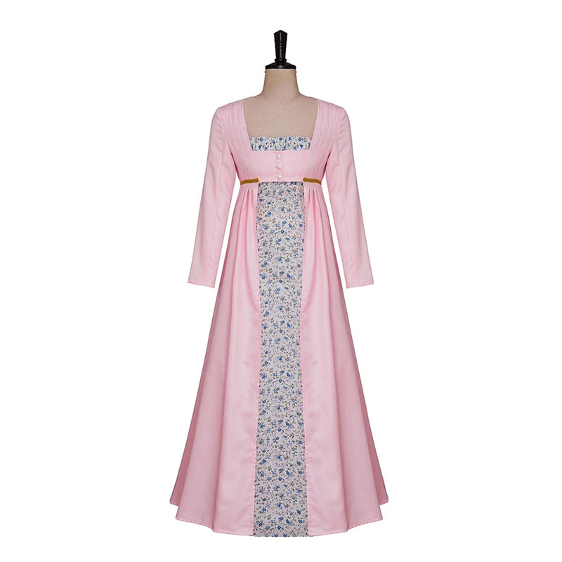 Halloween Victorian Dress Bridgerton Floral Pink Tea Ball Regency Dress Two-Piece Set