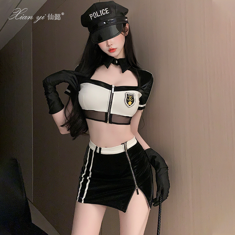 Xianyi Sexy Lingerie Pure Desire Patent Leather Hip Short Skirt Halloween Cosplay Sexy Police Uniform Temptation 679
