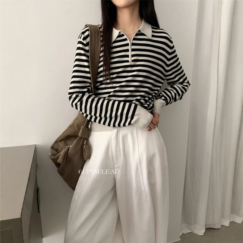 6up Autumn Korean Style Color-Block Striped Collar Sweater 2025 Guangzhou 13 Lines New Lazy Minimalist Top for Women 50058