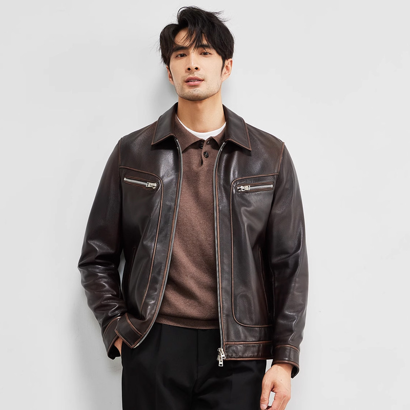 American Retro Men's Genuine Leather Jacket Goatskin Short Lapel 2025 New Aviator Leather Jacket Men's Jacket