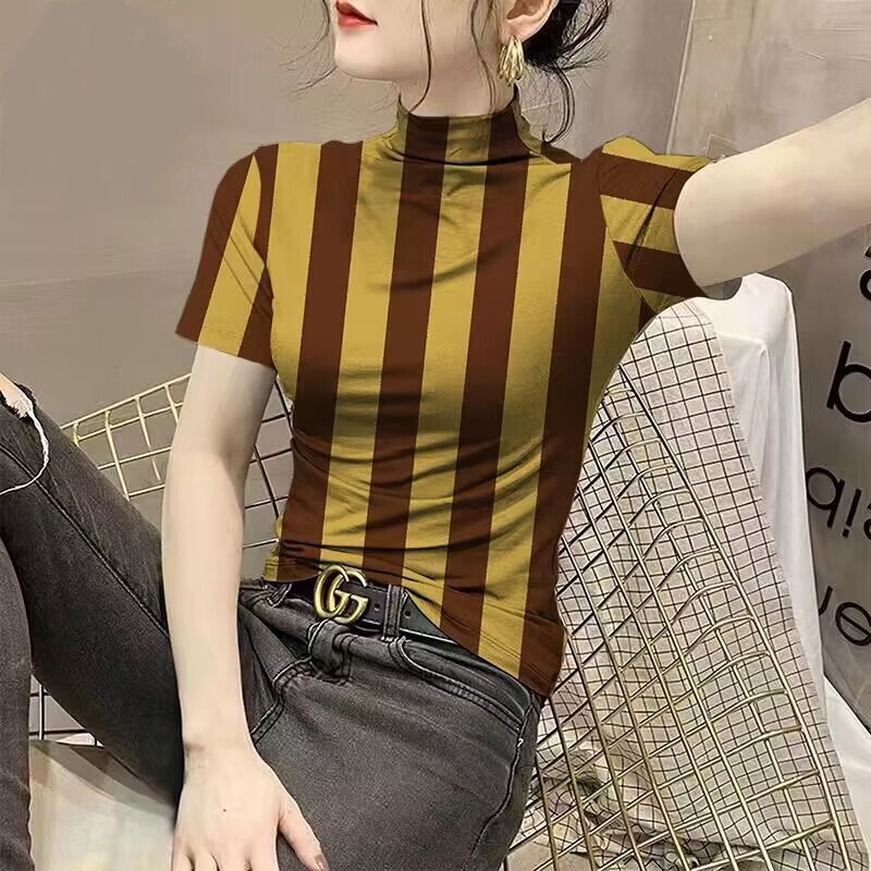 Korean-Style Printed Slim-Fit Short-Sleeve T-Shirt for Women, 2026 New Summer Slimming Base Shirt with Half-High Collar, Free Shipping