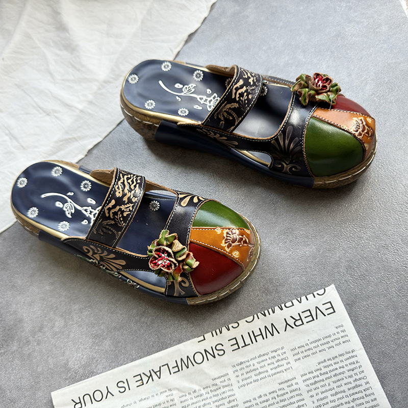 Zapatos transfronteriza explosión 2024 verano nuevas zapatillas de piel de vaca flores de estilo nacional hecho a mano fondo grueso 0933-31