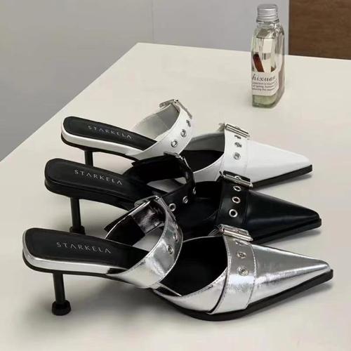 Super Hot Pointed Double Belt Buckle Women's Summer Minority High-End Silver High Heels Sandals Trend