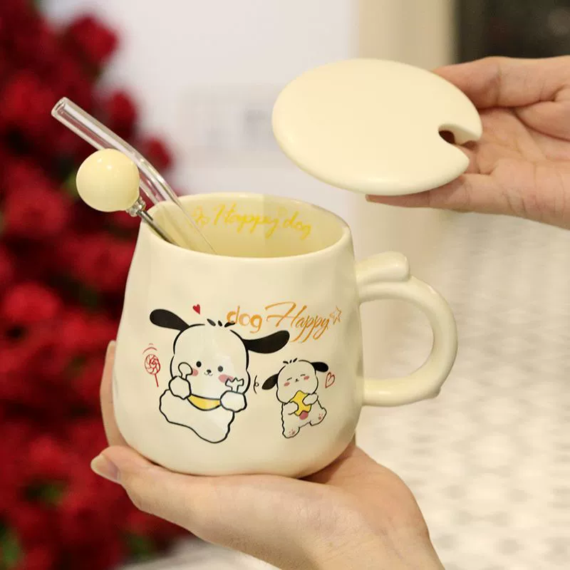 【Бесплатная доставка】Милый мультяшный щенок высококачественная керамическая кружка ниша девочка сердце водяная чашка с крышкой ложкой студент