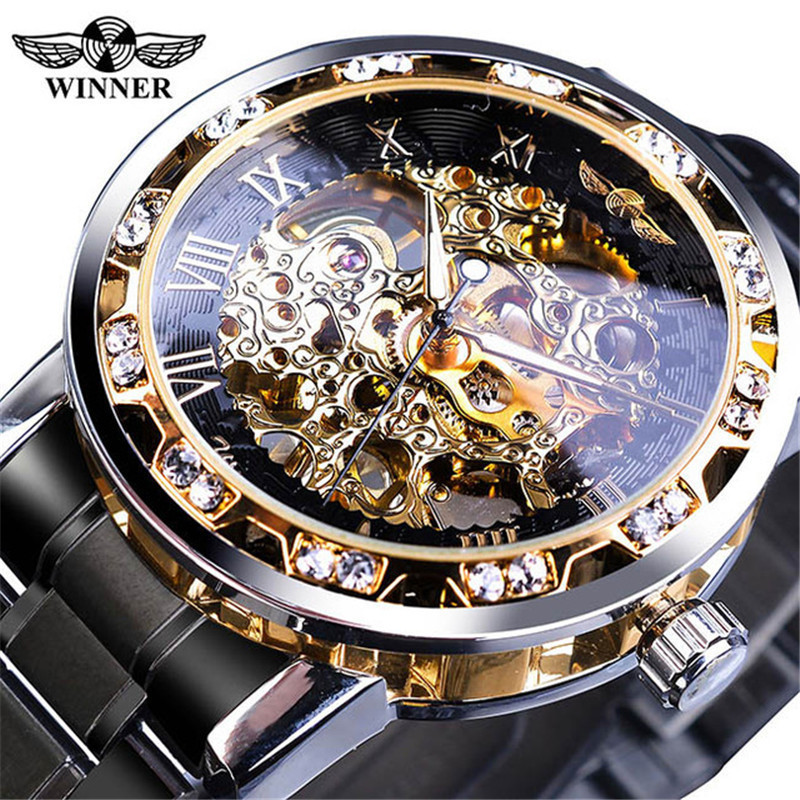 GANADOR 614 hombres correa de acero reloj mecánico hueco transparente inferior rhinestone moda manual reloj mecánico