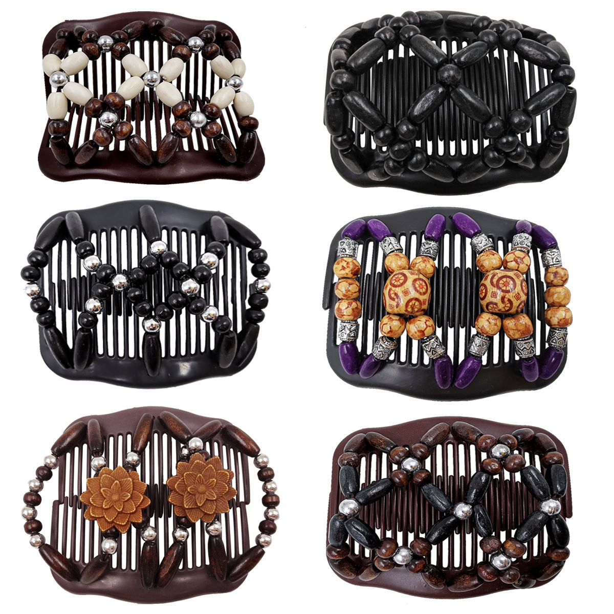 Cr93 European and American New Style Wooden Bead Versatile Hair Comb, Fashionable Double-Row Comb, Magic Hair Comb, Amazon Best-Selling Item