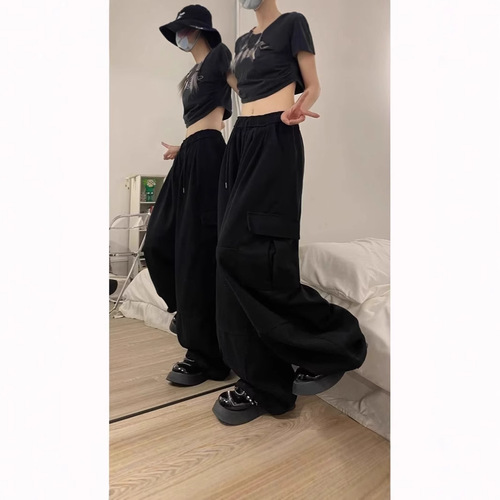 Vintage American-style multi-pocket work pants for girls, spring and autumn trendy streetwear, loose straight-leg wide-leg versatile drawstring pants