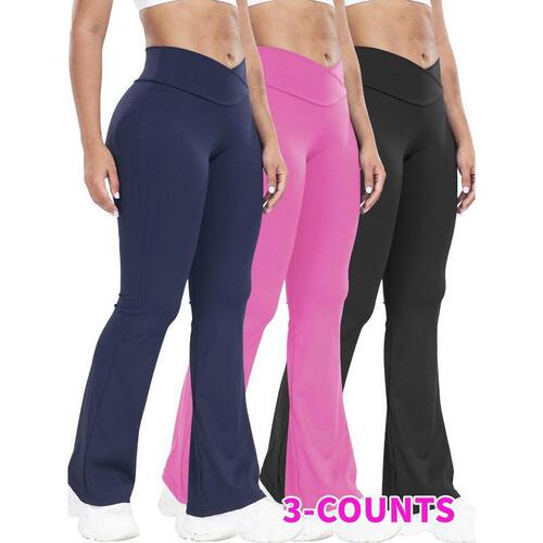 N 822 O5947 Women's New Sports Pants Solid Color Waist Cincher Bell Bottom Pants