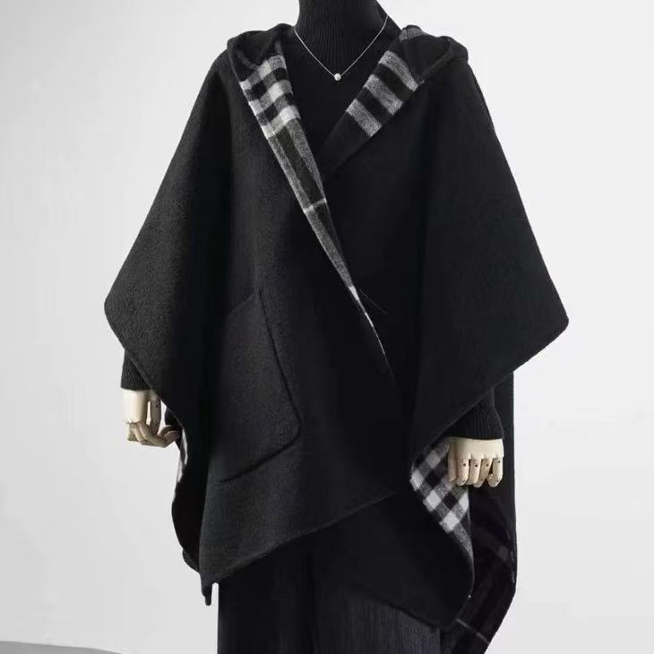 25-Year Classic Cashmere and Wool Double-Sided Plaid Hooded High-End Fashion Warm Thick Versatile Shawl Cape 25-Year Classic Cashmere and Wool Double-Sided Plaid Hooded High-End Fashion Warm Thick Versatile Shawl Cape