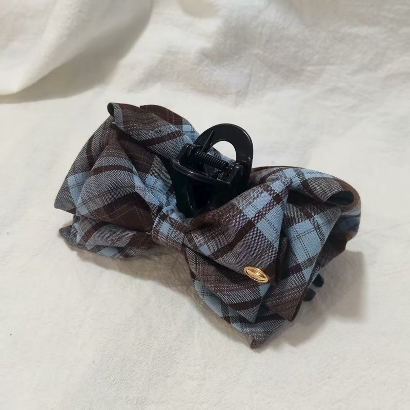 【蜜桃茶】版型好!!经典格子蝴蝶结抓夹秋冬女后脑勺鲨鱼发夹头饰|undefined